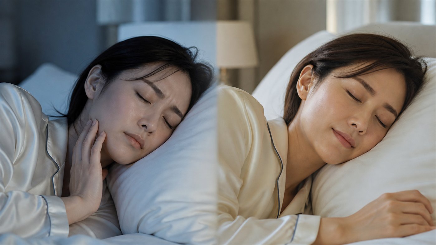左は歯を食いしばったまま眠る様子、右はあごの力がぬけて眠る様子を表したイメージ写真