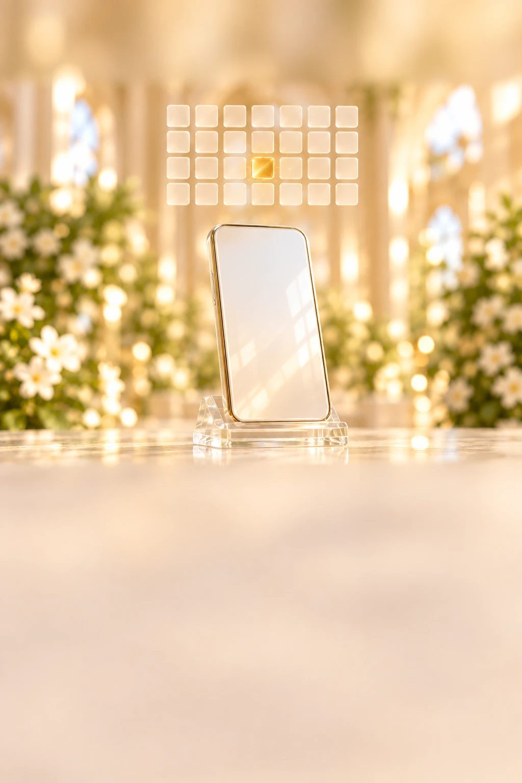 白いセラミックのスマートフォンの上に浮かぶ、光のカレンダー（イメージ）