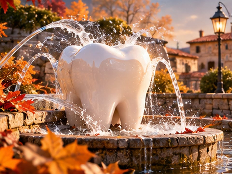 紅葉の広場で、噴水の水を浴びる白い歯（イメージ）