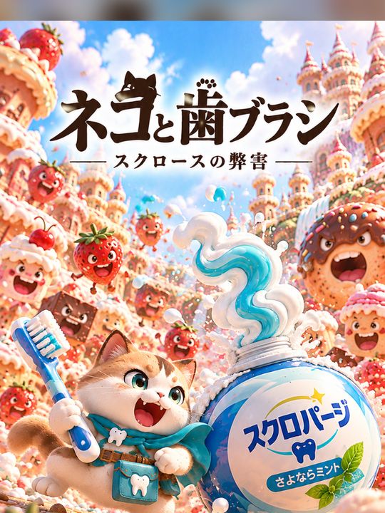 歯ブラシを持ったネコと、お菓子の町が描かれたタイトル画面