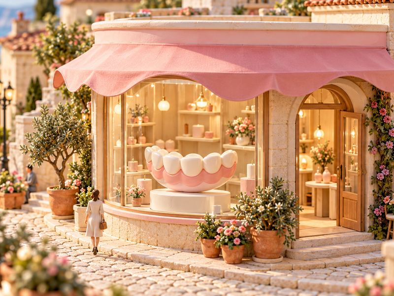 ピンクの日よけの下に、歯と歯ぐきの模型を飾ったお店（イメージ）