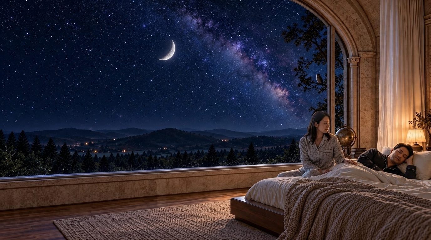 夜、隣で眠る人を、起き上がった家族が穏やかに見守る様子(AI生成のイメージ)