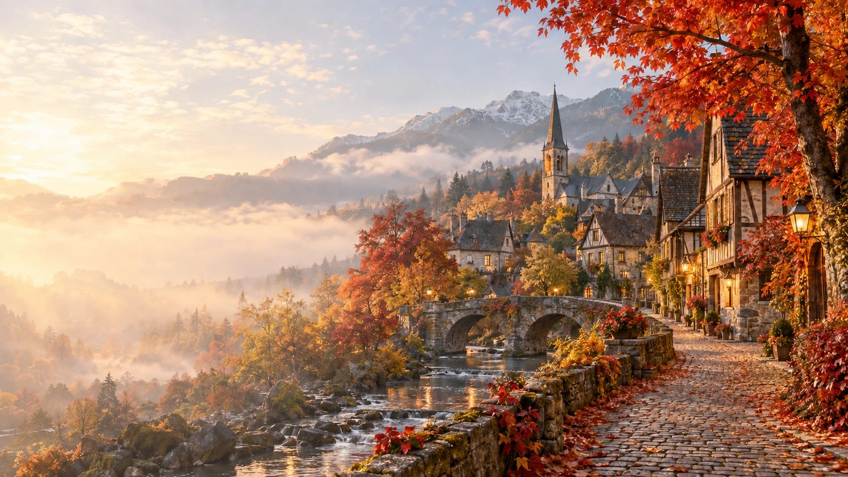 紅葉に包まれた、石橋と石畳のヨーロッパ風の街（イメージ）