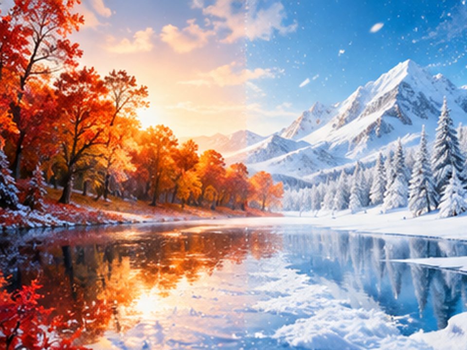 紅葉の湖が、途中から白い雪景色に変わっていく風景（イメージ）
